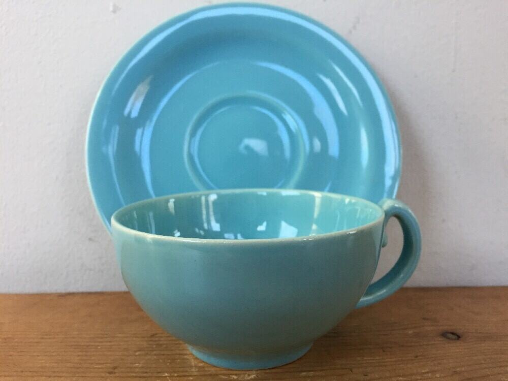 Set Vintage 1930s Pacific Pottery Colorware Aqua Blue Ceramic Tea Cup + Saucer